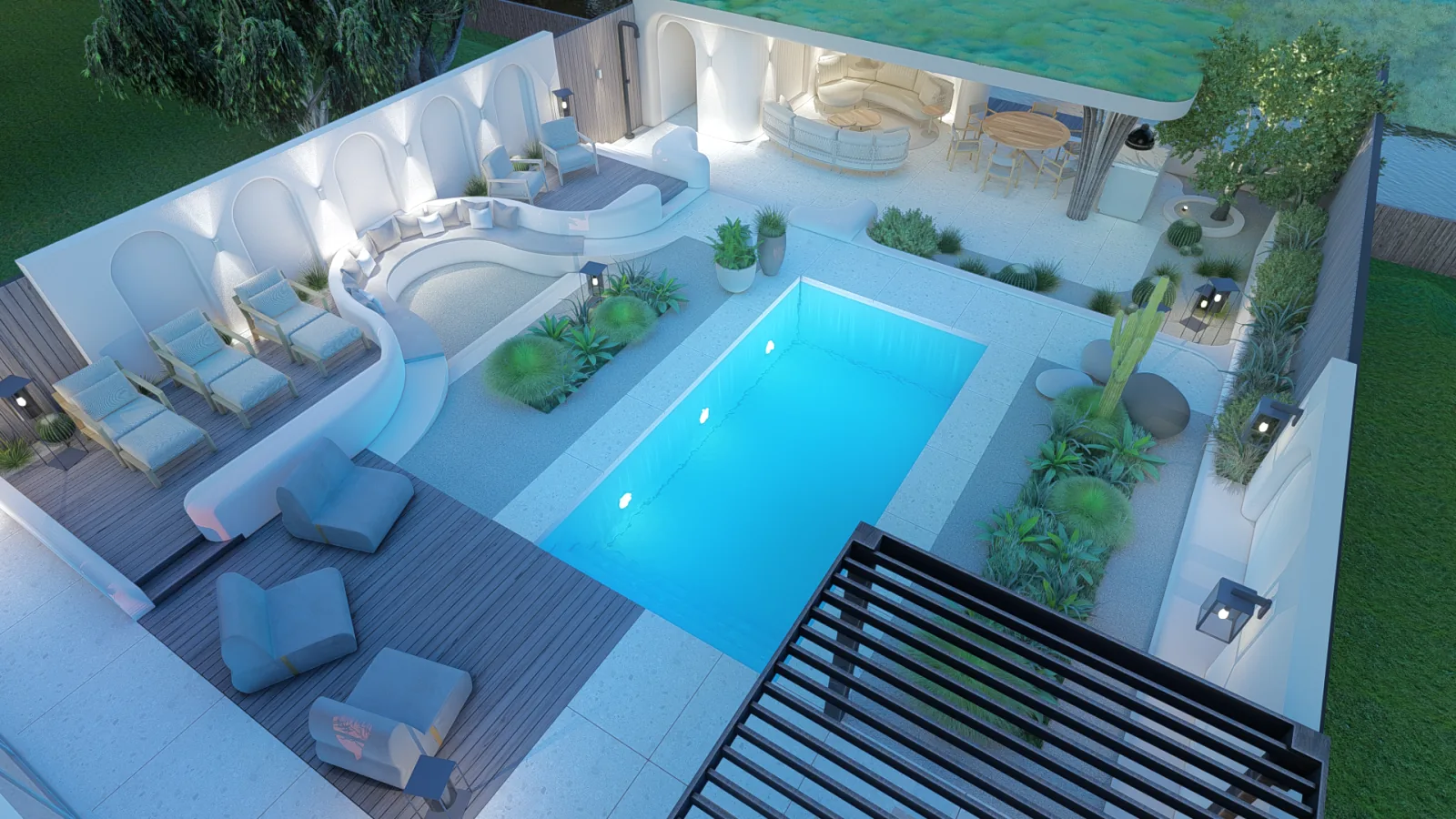 Poolhouse met verdiepte loungekuil, zwembad en ruime patio in de avondschemering